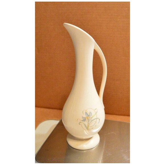 Pitcher Vase Flower Design w/ Handle White Ceramic Vintage NO ID ~8-1/2” tall - Picture 1 of 4